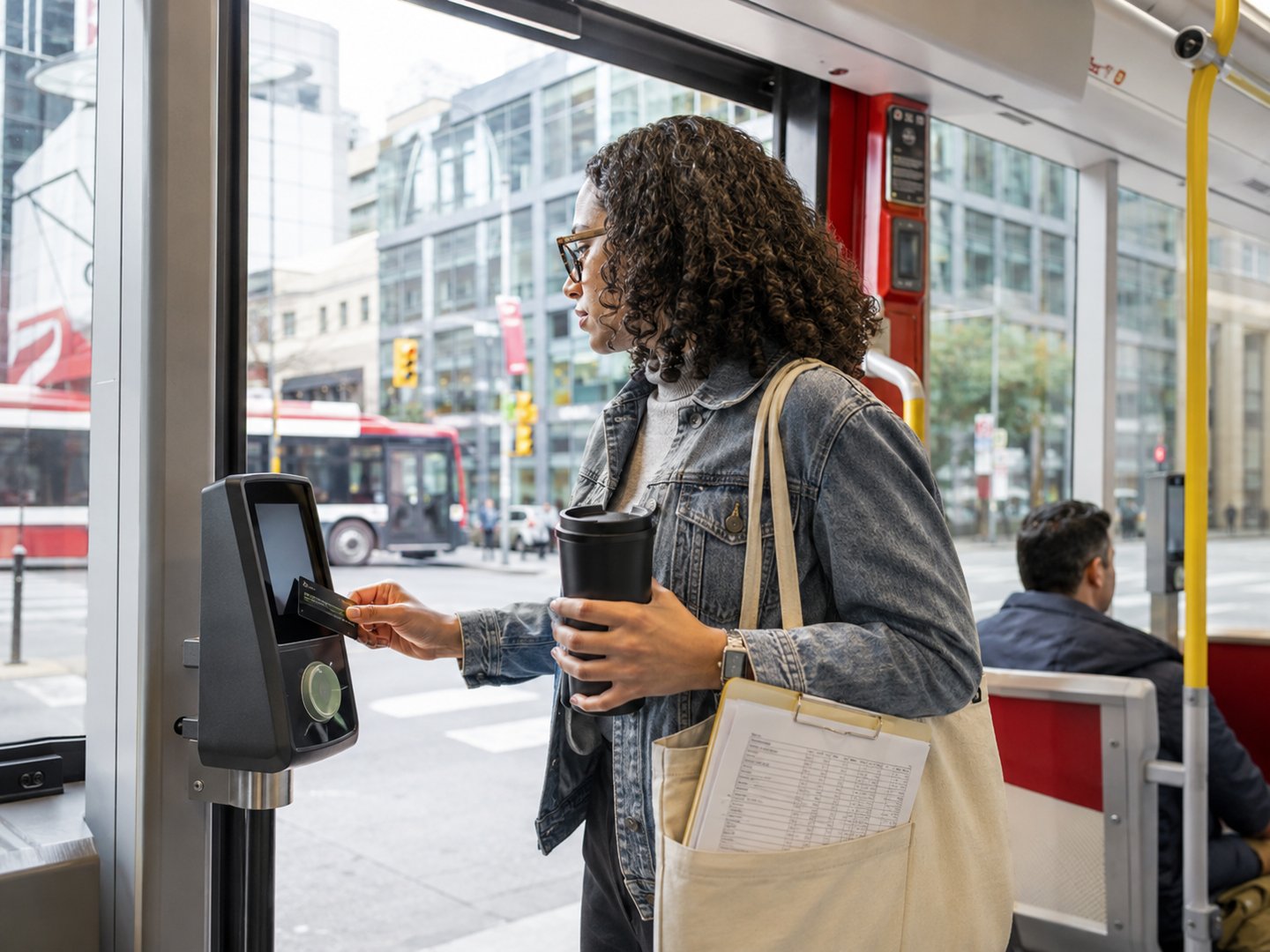 Commuter tapping transit card on Toronto public transit